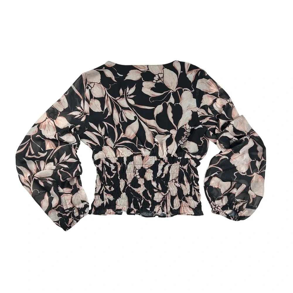 Banana‎ Republic Pink Floral Smocked V-Neck Blouse Black Chiffon XS
